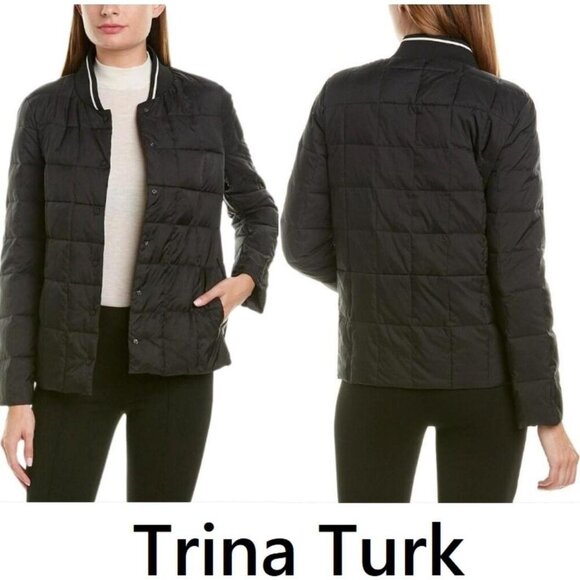 Trina Turk Down Puffer Quilted Coat Jacket, Black Lightweight Snap Buttons Sz L - Picture 1 of 11